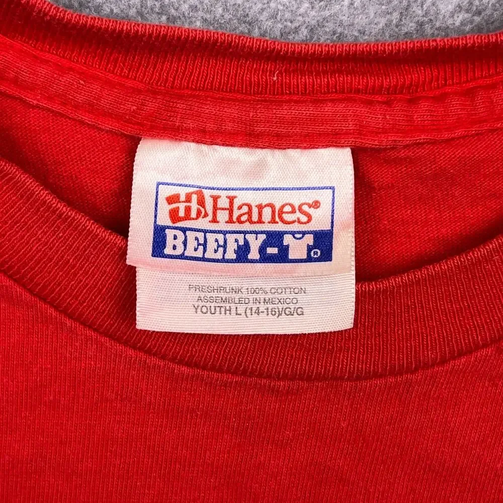 hanes beefy binnsmead fire t-shirt red cotton short sleeve boys large